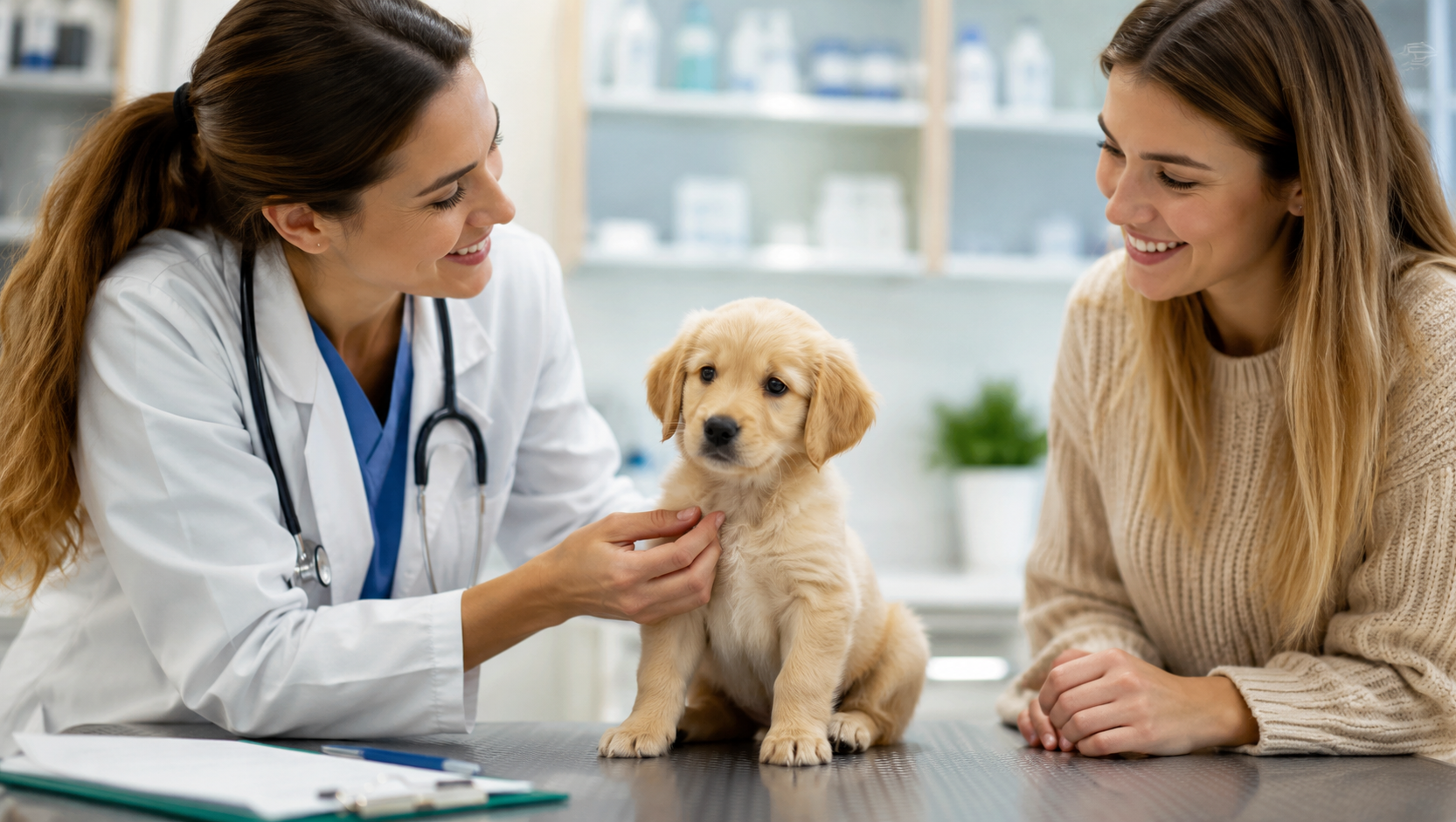 veterinär och ägare står med valp