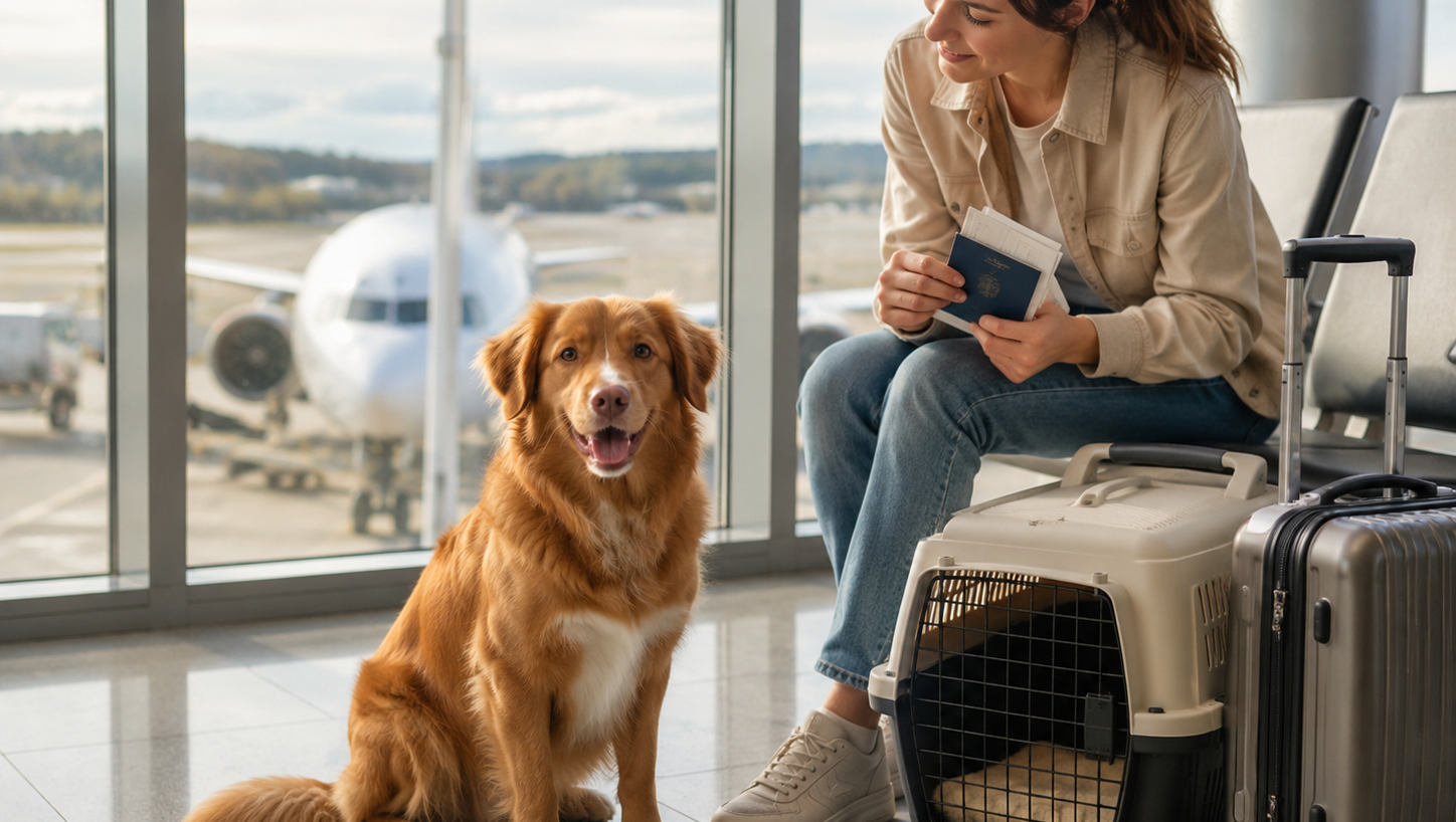 kvinna sitter vid gate på flygplats med sin hund