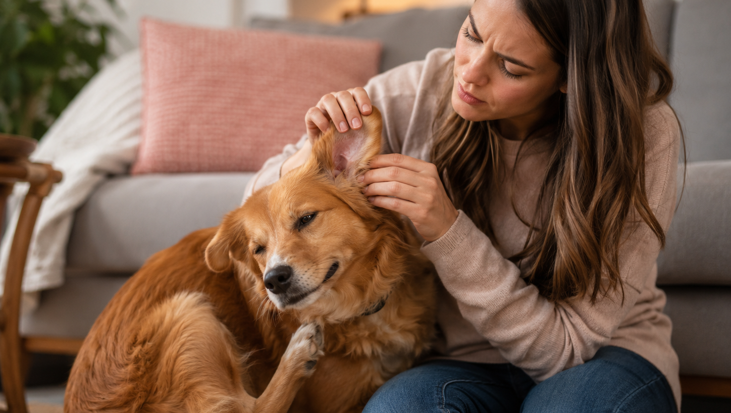 kvinna tittar igenom sin hunds öron
