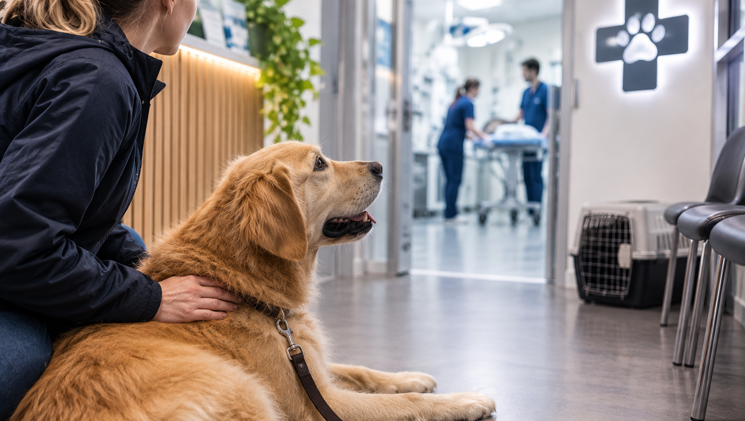 hund väntar på att komma in på djursjukhuset