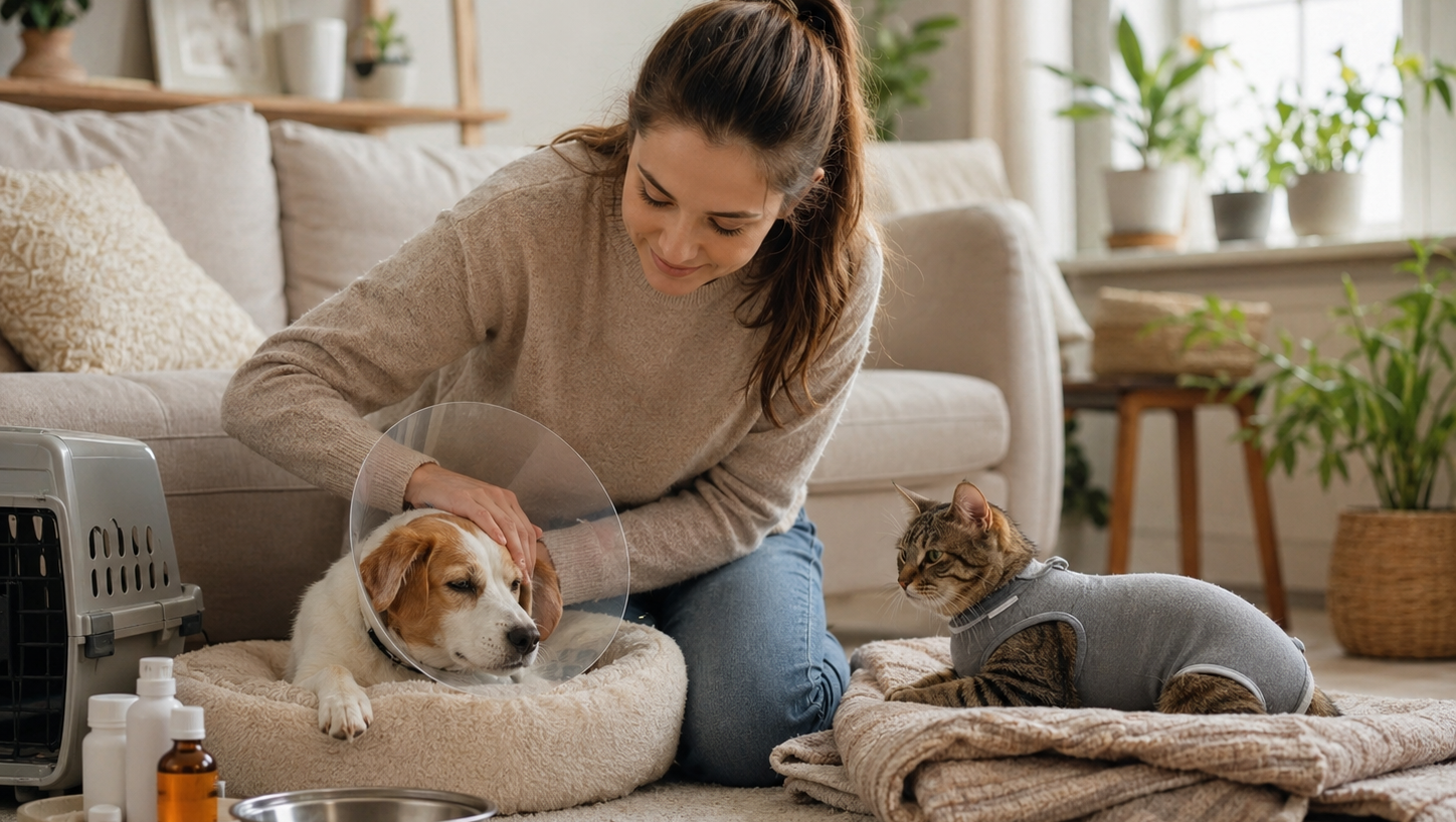 kvinna tar hand om sjuk hund och katt