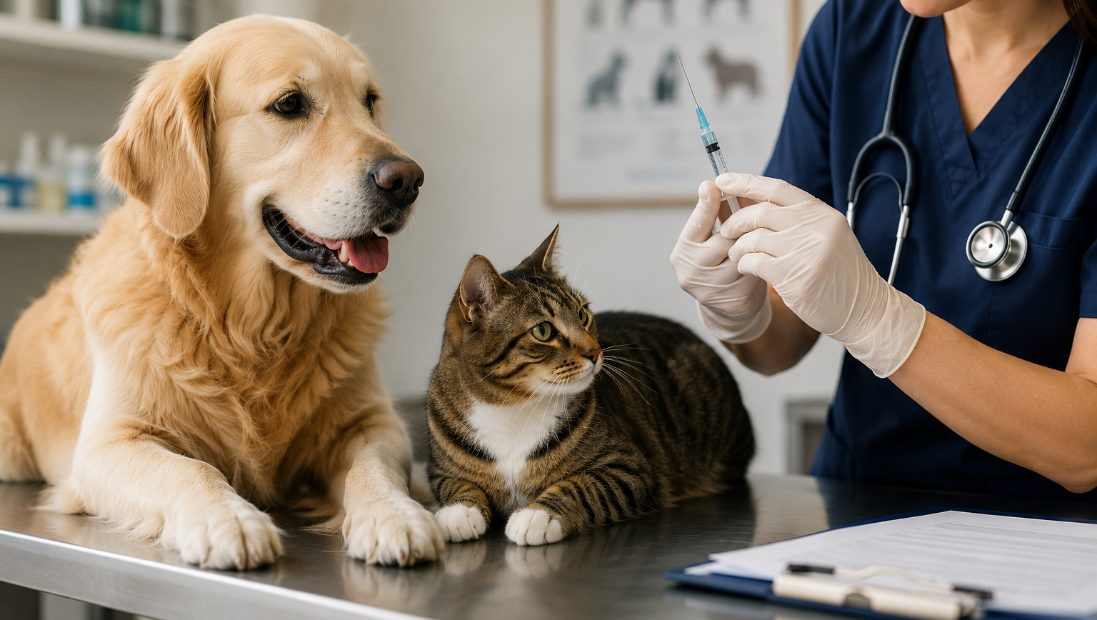 veterinär står med spruta framför en katt och en golden retriever